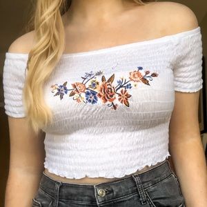 Smocked crop top with floral embroidery